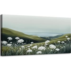 SLYCAY Large Neutral Coastal Landscape Wall Art for Living Room, White Flowers Meadow Green Seascape Oil Paintings, Nature Rustic House Decorations Bathroom Bedroom Office Artwork Pictures 24"X48"
