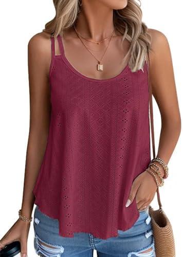 Eachrise Womens Tank Tops Summer Sleeveless Casual Spaghetti Strap Blouses Eyelet Embroidery Loose Fit Tunic Shirts.S
