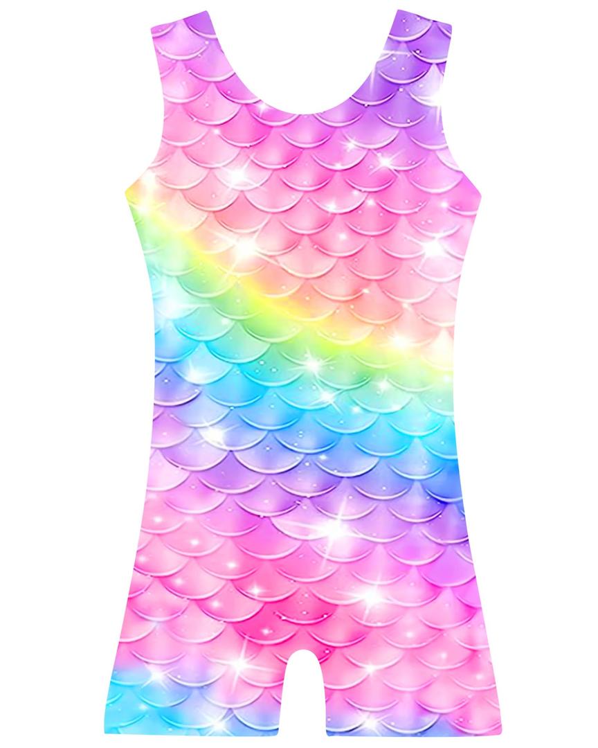 TFJH E Girls Leotard Gymnastic Apparel with Shorts Athletic Dancewear Unitard Rainbow Scale 90