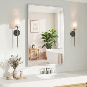 Koonmi Silver Rectangle Wall Mirror, 24x36 Inch Bathroom Mirror, Aluminum Frame Vanity Mirror for Entryway, Living Room, Bedroom Bathroom, Hangs Horizontally or Vertically