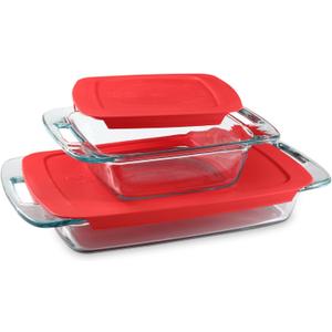 Pyrex 4-Piece Extra Large Glass Baking Dish Set With Lids and Handles, Oven and Freezer Safe (2 QT, 3 QT)
