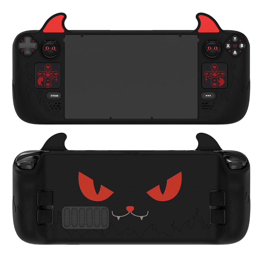 PlayVital Cute Demon Protective Case for Steam Deck LCD & OLED, Kawaii Anti-Slip Protector for Steam Deck OLED with Thumb Grip Caps & Trackpads Stickers & Back Button Enhancement Set - Black