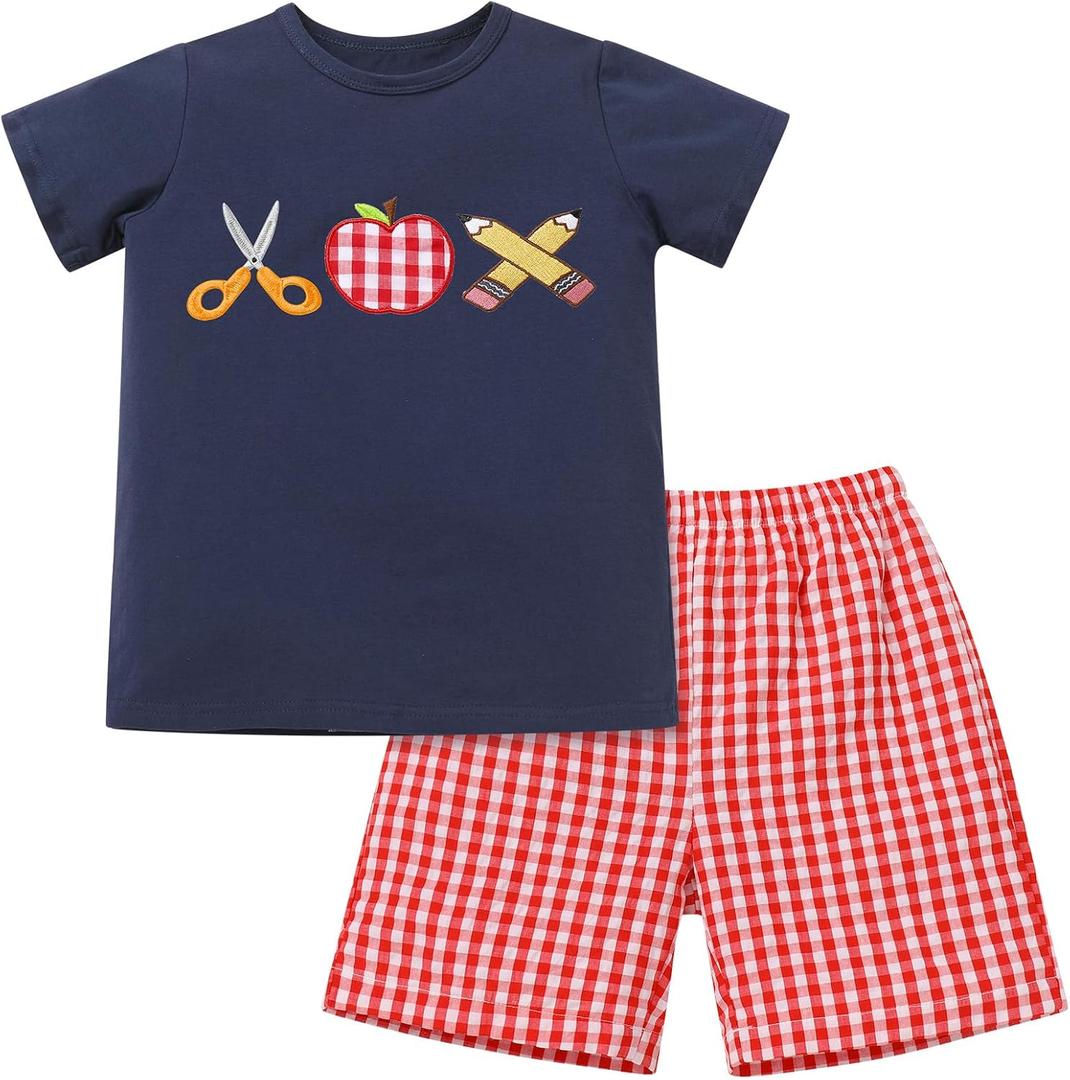 OBEEII Back to School Outfit Toddler Boy Short Sleeve Graphic Shirt Gingham Shorts First Day of School Summer Clothing Set