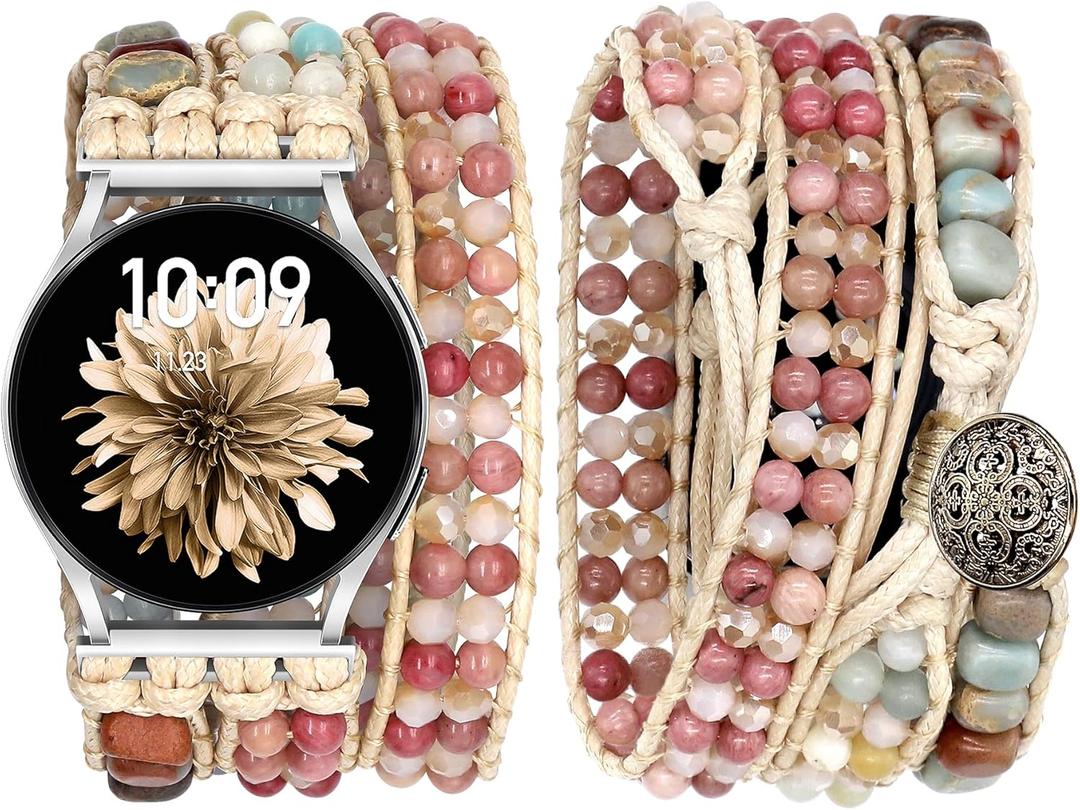 JR.DM Boho Beaded Handmade Braided Bracelet Band Women 20mm Compatible with Samsung Galaxy Watch 7/6/5/4/Active 2/4 Classic/6 Classic/5 Pro/FE 40mm 42mm 43mm 44mm 45mm 46mm 47mm (A3 Khaki Natural Stone (Only 20mm))