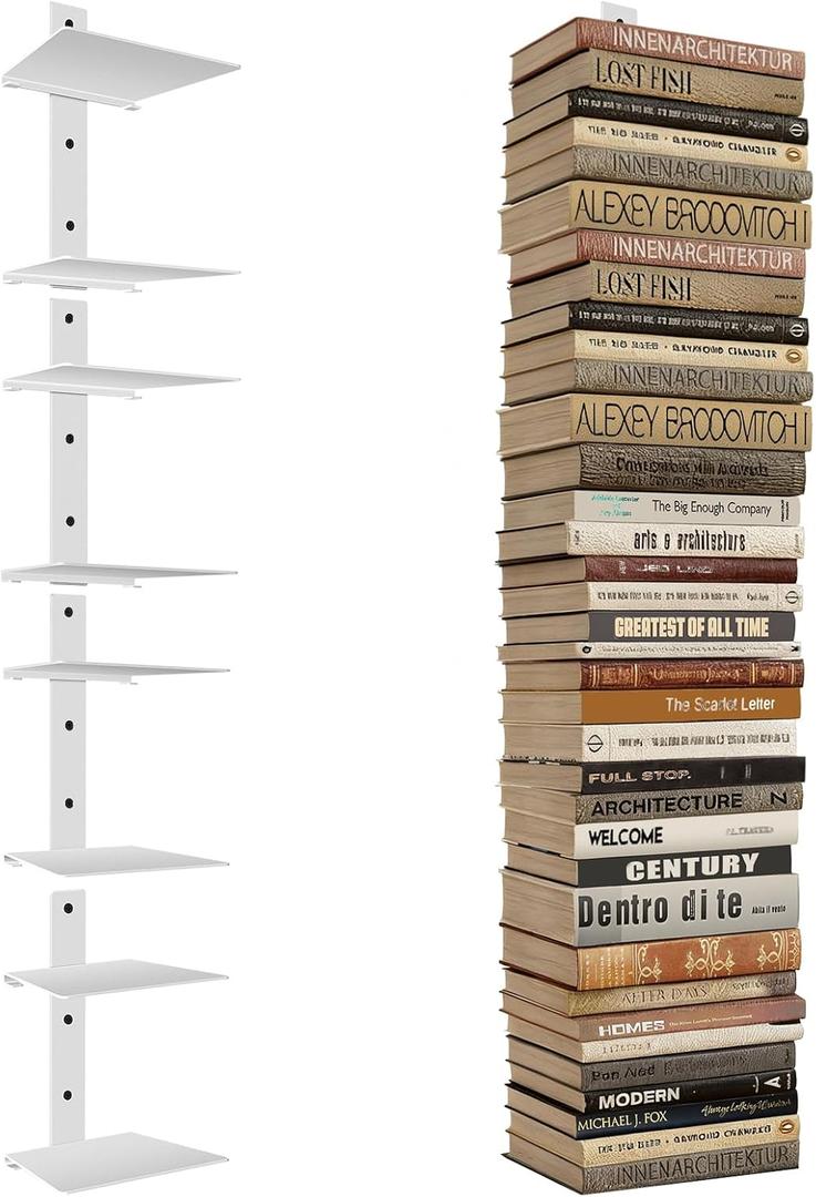 Professional Invisible Floating Book Shelves for Wall, 8 Tier Vertical Spine Book Tower Hanging Bookshelves, Wall Mounted & Space Saving, Heavy Duty Metal Book Organizer for Home Office, 4 Pack White