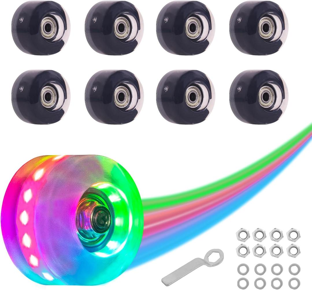 Nattork 8 Pack 82A Light up Roller Skate Wheels 54 * 32mm with Bearings Installed Luminous Quad Light Up Wheels Skating Accessories For Double Row Skates Outdoor And Indoor Use