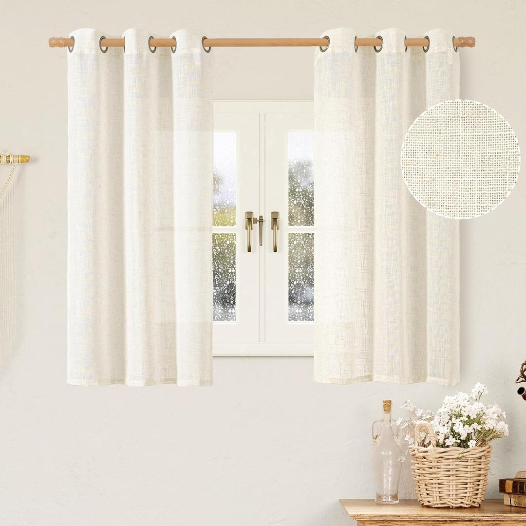 LAMIT 48 Inch Length Short Linen Curtains 2 Panels, Cream Ivory Light Filtering Panels Bronze Grommet Semi Sheer Drapes for Kitchen/Small Windows/Cafe, 34 x 48 Inch (Natural)
