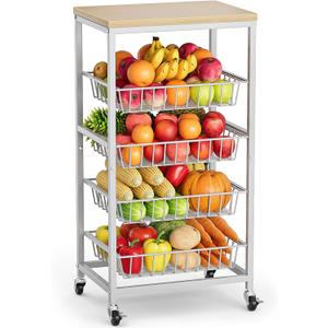 Venkuber Snack Cart, 5Tier Kitchen Carts on Wheels with Storage,Fruit Basket Stand with PullOut Baskets and Wood Top,Kitchen Organizer for Fruit Vegetable Snack (Oak Beige)