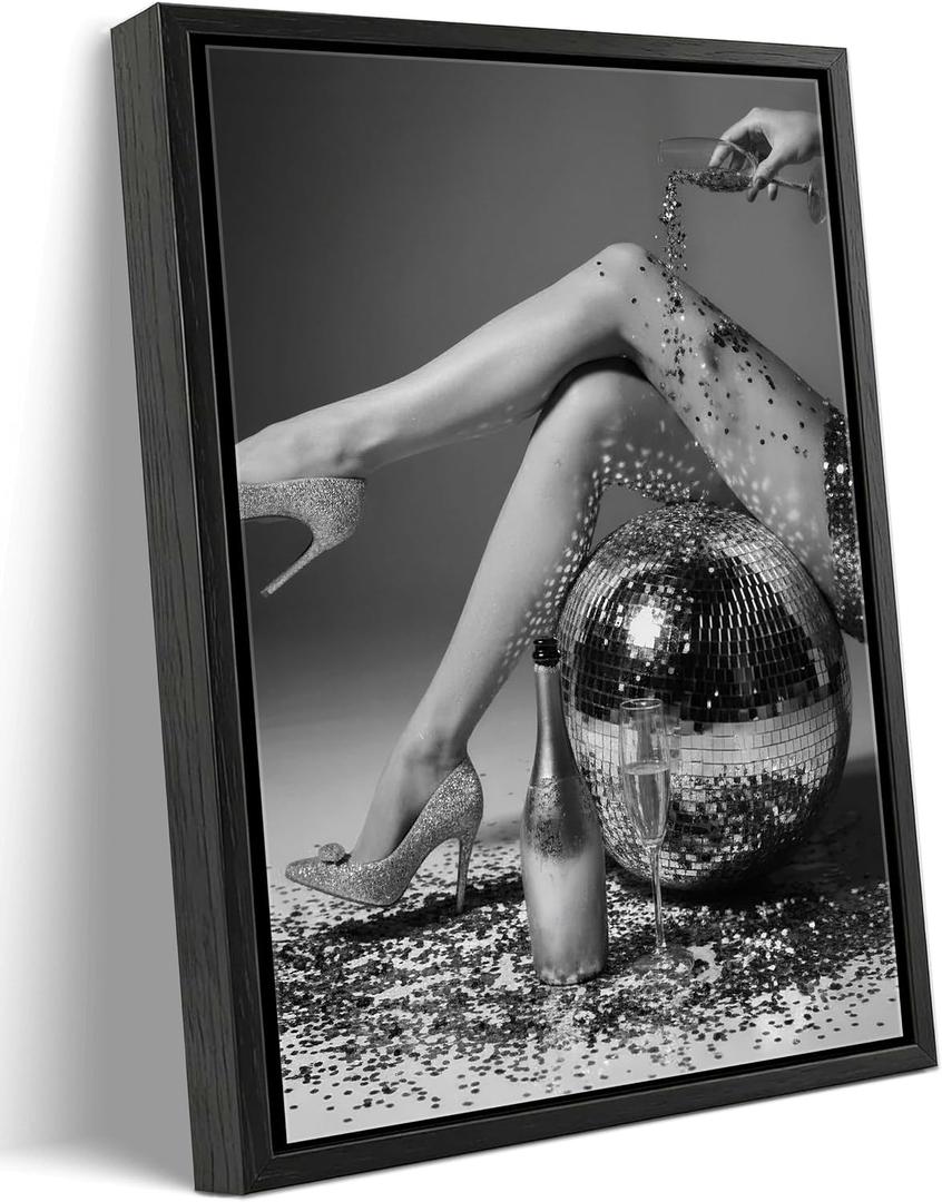 Framed Black and White Fashion Canvas Wall Art Trendy Women Disco Ball High Heels Wine Glass Picture Wall Decor Luxury Feminist Poster Print for Girl Bedroom Bar Cart Dorm Home Decoration 16x24in