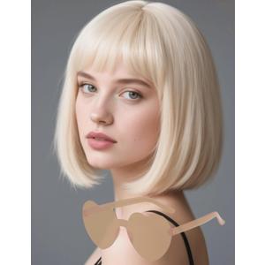 Blonde Bob Wig with Heart Sunglasses - Heat-Resistant, Synthetic Fiber, Adjustable and Natural Looking