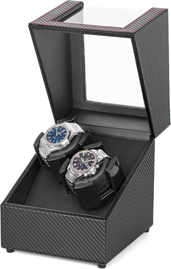 LLS Double Watch Winders for Automatic Watches, Automatic Watch Winder Box in Black Carbon Fiber, with Japanese Quiet Motor, Flexible PU Watch Pillows, for Women's& Men's Watches