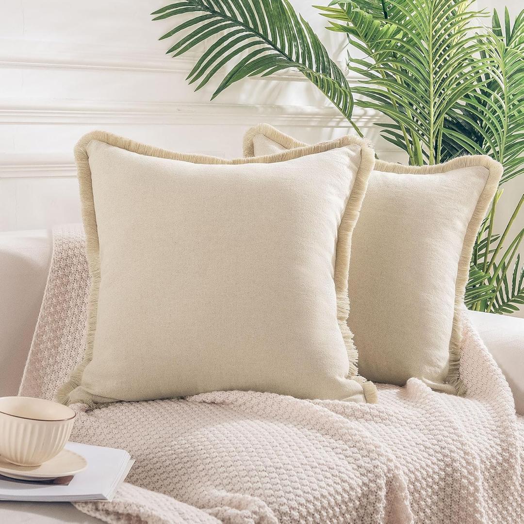 NEXHOME PRO Boho Throw Pillow Covers for Couch Set of 2 18"x18", Handmade Decorative Linen Pillow Covers Shams for Sofa, Living Room, Farmhouse Fringed Cushion Covers, Beige (NO Insert)