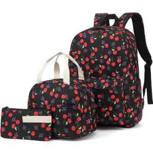Cherry School Backpack for Girls, 3Pcs Waterproof Lightweight Kids Student Backpacks with Lunch Bag and Pencil Case, 12.5"x5.9"x16.5"