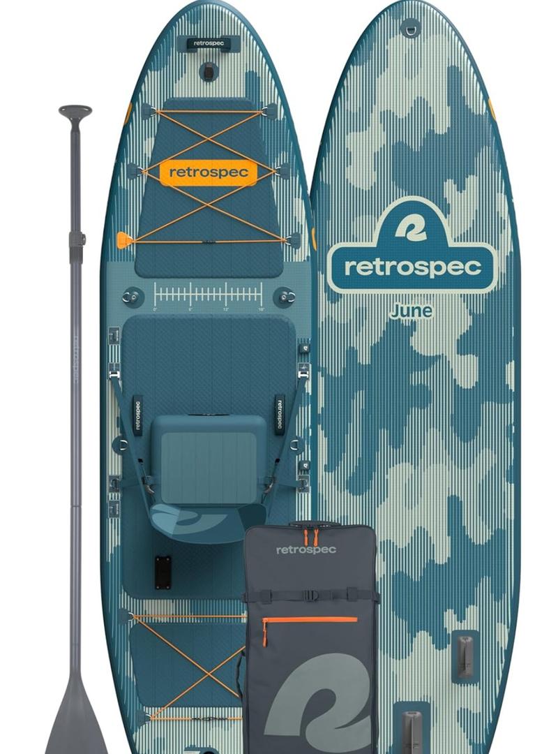 Retrospec June Inflatable Fishing Paddle Board 11’6” with Removable Seat – Puncture-Resistant Paddle Board for Fishing with Rod Holders, Non-Slip Deck Pad & Accessories