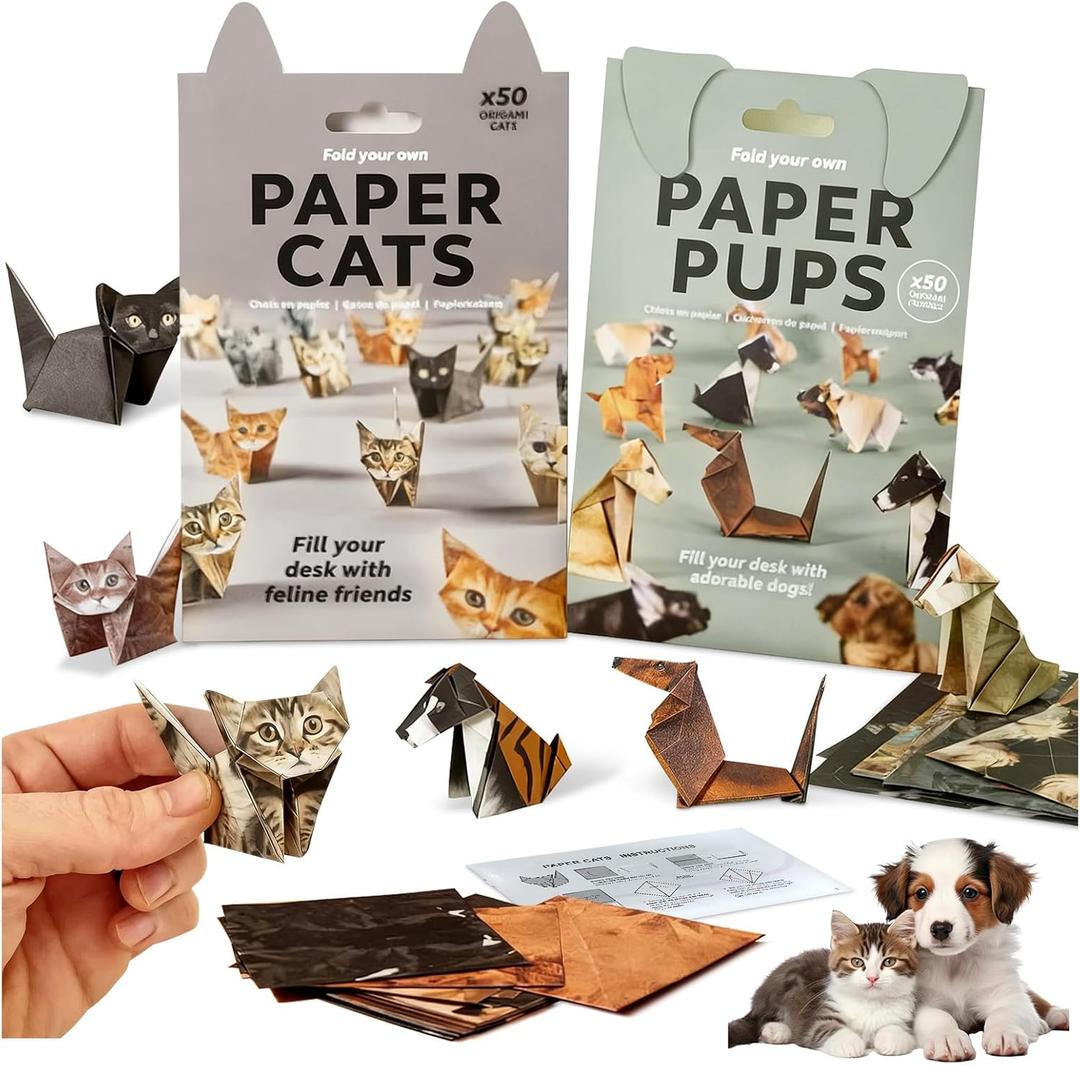 Vincofoo DIY Paper Cats Origami, Fun 3D Paper Dog & Cat Models Origami Paper Craft Kit, Cute Kitten Origami Papercraft Kit, Desk Decoration & DIY Art Gift for Cat Lovers(100PC Cats & Dogs) (2PC)