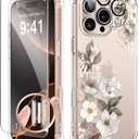 GVIEWIN for iPhone 16 Pro Case Floral, with Screen Protector&Camera Lens Protector, [Non Yellowing] Slim Shockproof Clear Phone Protective Cover for Women, Flower Pattern Design 6.3"(Delphinium/Grey)