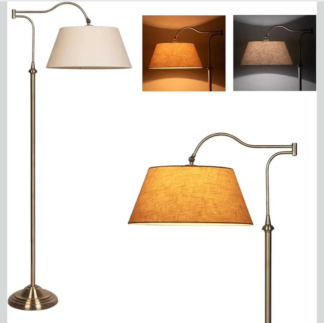Swing Arm Floor Lamp, Brass Floor Lamps for Living Room with 180° Adjustable Cantilever, Beige Linen Lampshade, Mid Century Floor Lamp for Bedroom Office Home Nursery Study Room Hotel(Bronze)