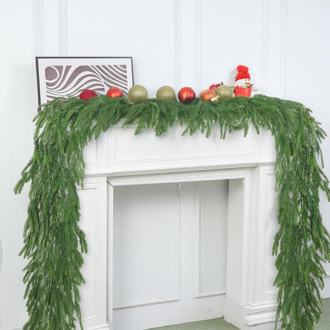 2 Pcs 6 Ft Artificial Norfolk Pine Christmas Garlands for Holiday Indoor Outdoor Decor，Real Touch Pine Garlands，Artificial Greenery Garland for Home Dining Table，Mantel，Wall Porch Christmas Decor