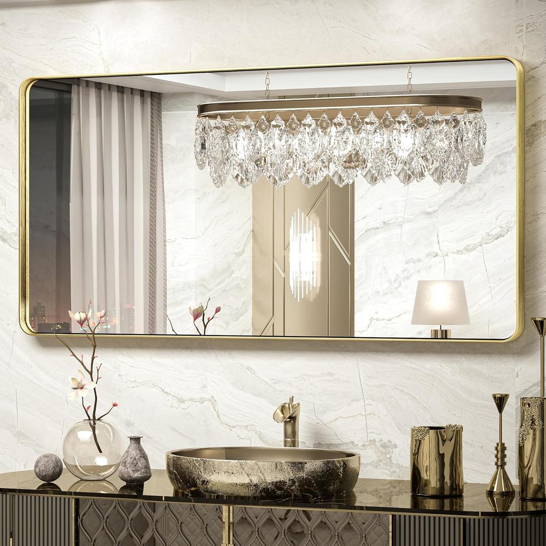 TokeShimi Bathroom Vanity Mirror 48 x 24 Inch Gold Metal Frame Round Corner Rectangular for Home Decor Living Room Entryway (Horizontal/Vertical)