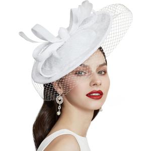 BABEYOND Tea Party Fascinator Kentucky Hat Fascinator Cocktail Pillbox Hat Derby Headband (White)