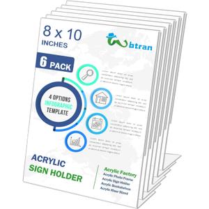 Wbtran Slanted Back Acrylic Sign Stands 8 x 10, Clear Tabletop Display, Plastic Paper Sign Holder for Office, Home, Restaurant (6 Pack)