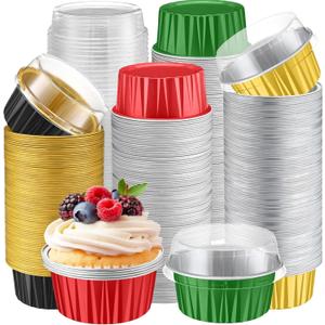 Gejoy 400 Pcs Aluminum Foil Baking Cups with Lids 5 oz Disposable Ramekins Mini Cake Pans Creme Brulee Cupcake Liners Muffin Tins Flan Mold Dessert Container for Wedding(Multicolor,Classic)