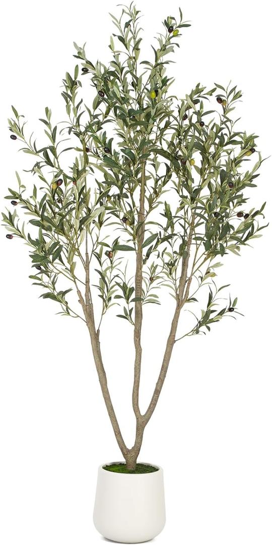 Olive Trees Artificial Indoor, 6FT Tall Faux Olive Tree with White Tall Planter, Artificial Plants with Natural Wood Trunk and Lifelike Fruits for Home Office Decor