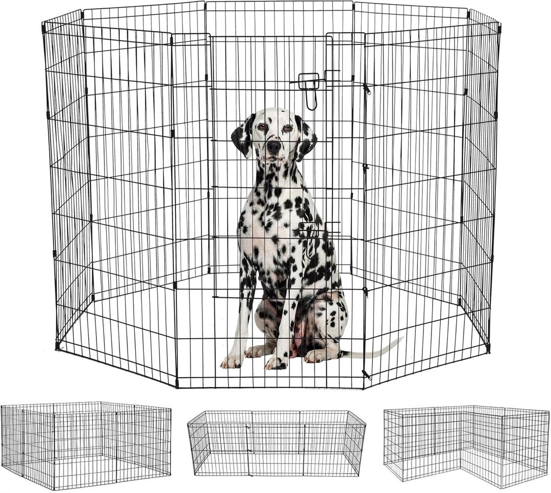 FDW 48 Inch Dog Pen 8 Panel Dog Playpen Indoor Outdoor Metal Puppy Pet Fence Portable Folding Animal Exercise Fence,Black