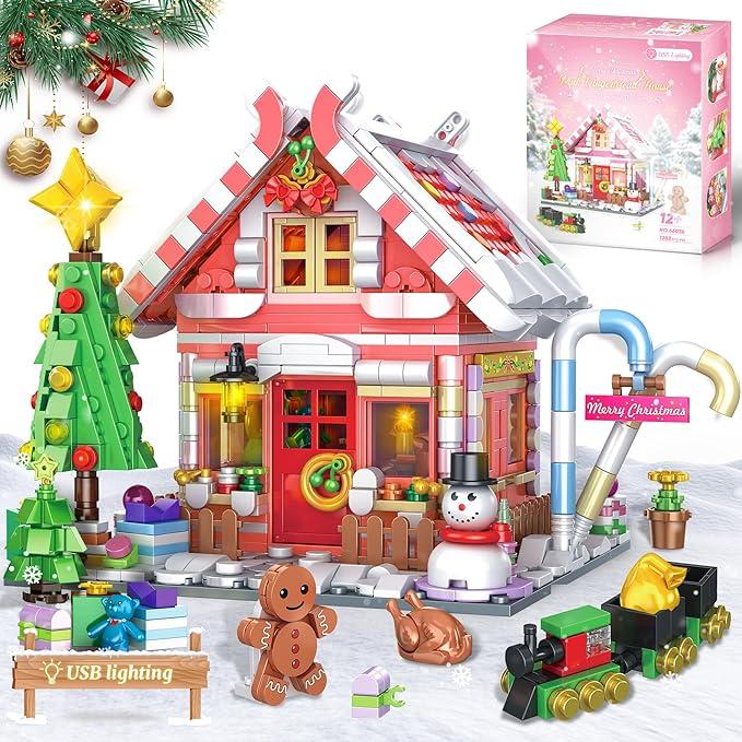 Christmas Gingerbread House Building Block for Girls Age 12+ with LED Lights, Christmas Village House Blocks Set with Christmas Tree and Train, Perfect Xmas Holiday for Adults, 1288Pcs
