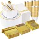 WELLIFE 700 Pieces Gold Plastic Dinnerware Set for 100 Guests - Includes Plates, Cups, Napkins, and Disposable Cutlery - Elegant White & Gold Design, Perfect for Parties and Events