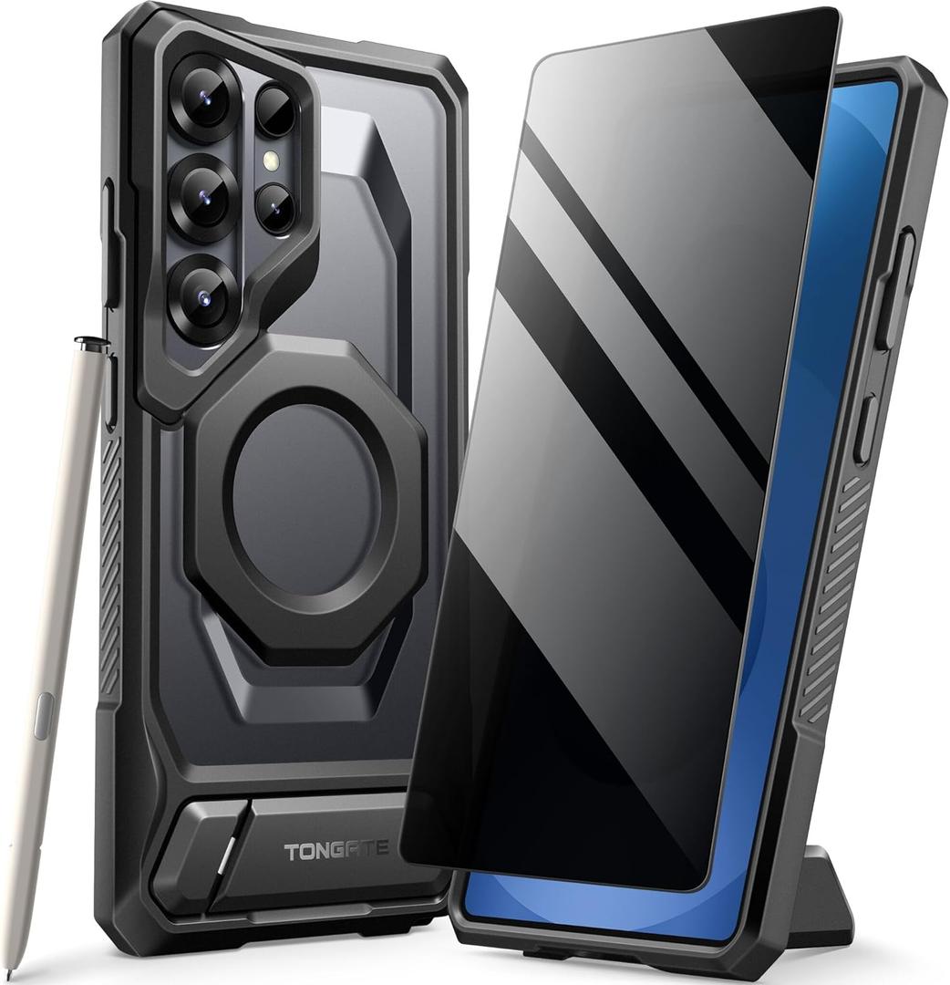 TONGATE Magnetic for Samsung Galaxy S25 Ultra Case with Aluminum Alloy Stand, Privacy Screen Protector, Compatible with MagSafe, TPU Anti-slip Edge, Military Grade Protection Case for S25 Ultra, Black