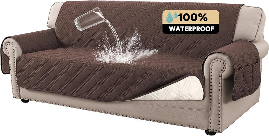 PrinceDeco 100% Waterproof Couch Cover for 3 Cushion Couch Sofa Pet Friendly Non-Slip Couch Cover for Dogs Washable Water Resistant Furniture Protector with Elastic Straps(Sofa 68", Brown)