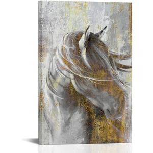 LoveHouse Horse Wall Art Abstract Gold Grey Horse Canvas Paintings Modern Horse Wall Decor for Living Room Bedroom Office Framed 24"x36"