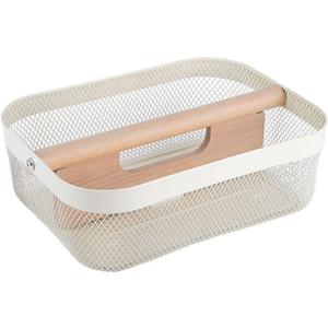 AJIODA Metal Mesh Steel Storage Basket, Garden Harvest Wire Organizer Basket Multi-functional Kitchen Fruit Basket with Wooden Removable Partition & Handle for Bath Picnic Decor Cabinet, Cream White