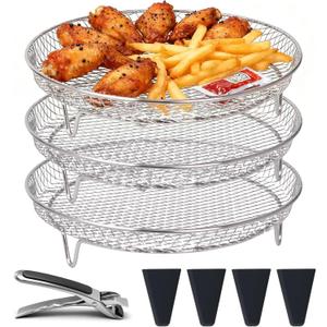 Air Fryer Racks, Cooling Racks for Cooking and Baking 8 inch,Round Stackable Rack with Spare Clip and Silicone Feet, Stainless Steel Kitchen Household, Fit all 4.2QT - 5.8QT Air Fryer