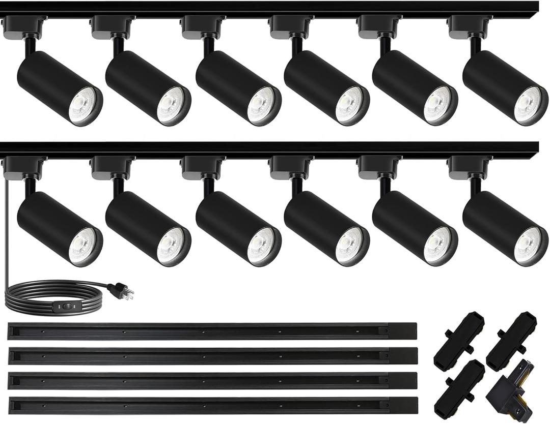 Energy-efficient & Super-Bright 25W 2000lm J&L Type LED Track Lighting System3000K Warm Light Dimmable Brightnesswith 13 FT Track Rails and Ceiling Spotlight Fixture Installation Package (12 Heads Kit 3000K Warm, J&L Type Track Black)