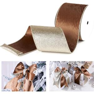 Brown Velvet Wired Ribbon with Glitter Back, 4 Inch, 10 Yards