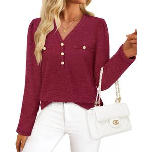 Triratna Long Sleeve Shirts for Women Dressy Button Front Tweed Blouses Business Casual Winter Tunic Tops Office Work (M)