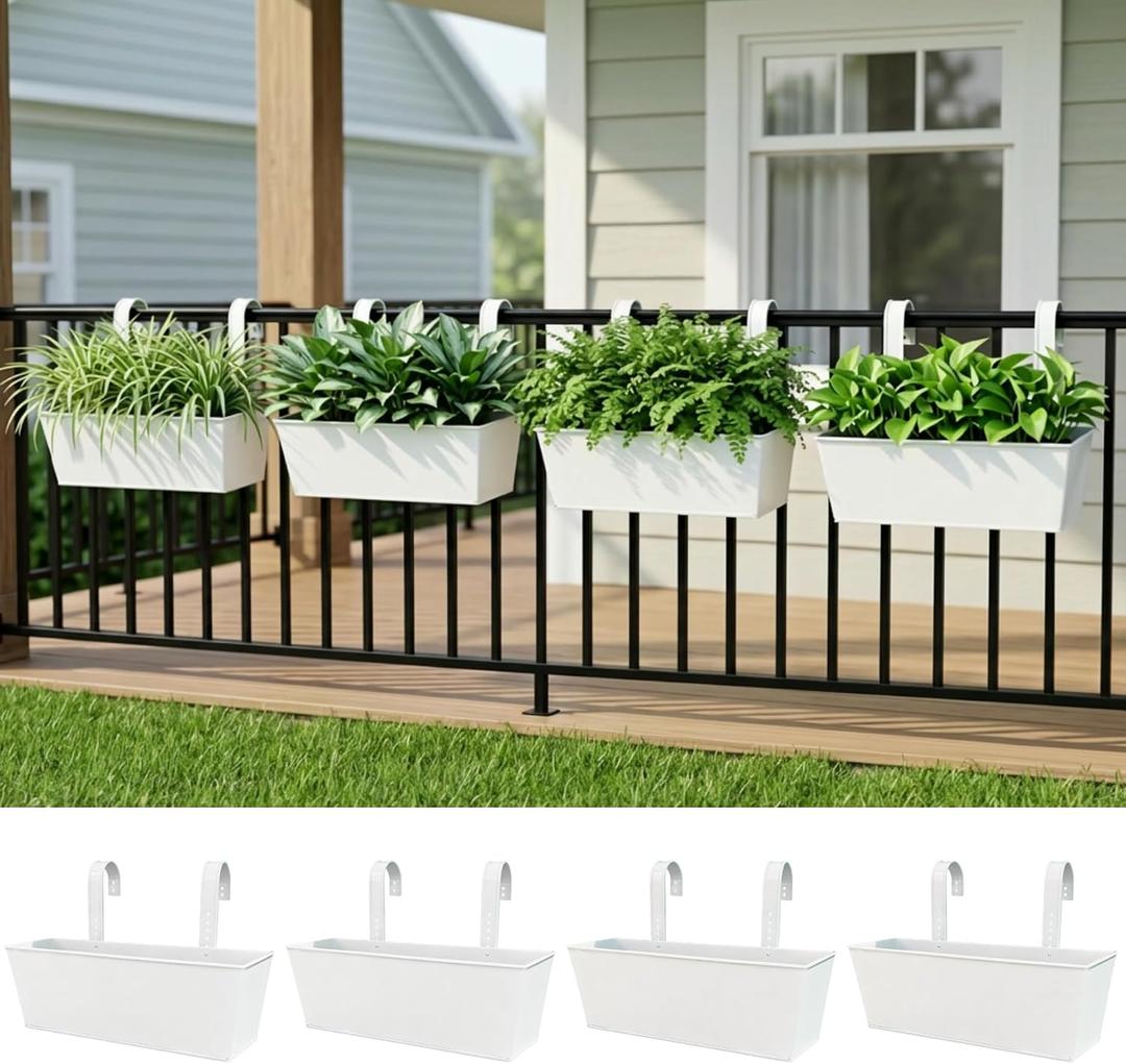 LaLaGreen Rail Planter (16 Inch, 4 Pack) Rectangular Metal Metal Hanging Flower Pots Railing Fence Balcony Gardening for Apartment Patio Planters Garden Style Iron Outdoor Deck Decoration Porch Decor