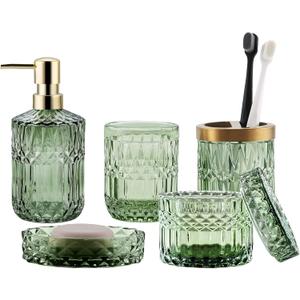 Green Bathroom Accessories Set, 5Pcs Clear Glass Bathroom Set Accessories, Soap Dispenser, Soap Dish, Toothbrush Holder Set, Tumbler, Qtips Holder for Vintage Crystal Bath Decor