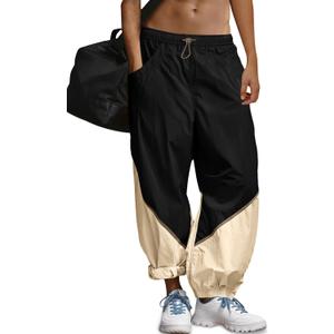 Fisoew Womens Baggy Wide Leg Pants Elastic Waist Track Pants | Color Block, Loose Fit, Workout, Pockets (Black, S)