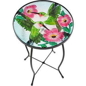 Home-X Hummingbird Glass Side Table with Iron Stand, Hand-Painted Accent Table and Patio Decor, Metal and Glass Table for Garden or Front Porch, 17 " L x 11 " D