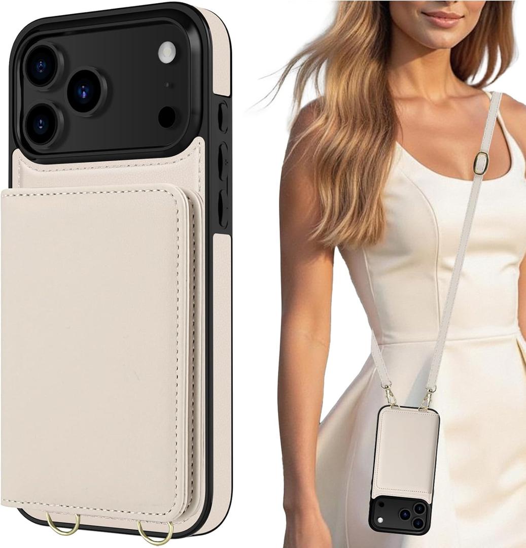 LOHASIC for iPhone 17 Pro Max Crossbody Wallet Case, RFID Blocking iPhone 17 Pro Max Case with Card Holder, 4 Card Slots & 2 Cash Pockets, Leather Case for Women Girls, Ivory White