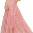 Swiss Dot Smocked Maternity Dress for Photoshoot Baby Shower, Flowy V Neck Ruffle Sleeve Empire Waist Tiered Dress (Large)