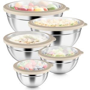 P&P CHEF Mixing Bowls with Visible Airtight Lids Set of 5, 10-Piece Stainless Steel Mixing Nesting Bowl, Metal Bowl with Lid for Kitchen Prepping & Storing, Size 4.6, 3, 1.5, 1, 0.7 QT, Khaki