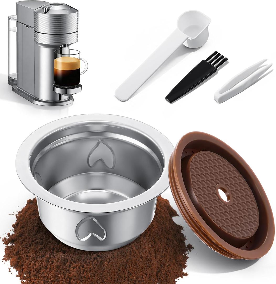 Reusable Coffee Pods Kit, 230ml Stainless Steel Coffee Capsule, Compatible with Nespresso Vertuo Machines, Includes Silicone Lid, Tweezers, Spoon & Cleaning Brush