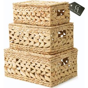 14in Wicker Storage Baskets with Lids, Set of 3 Natural Water Hyacinth Decorative Boxes for Shelf, Woven Lidded Baskets for Organizing, Rattan Storage Box, Nesting Baskets with Lids