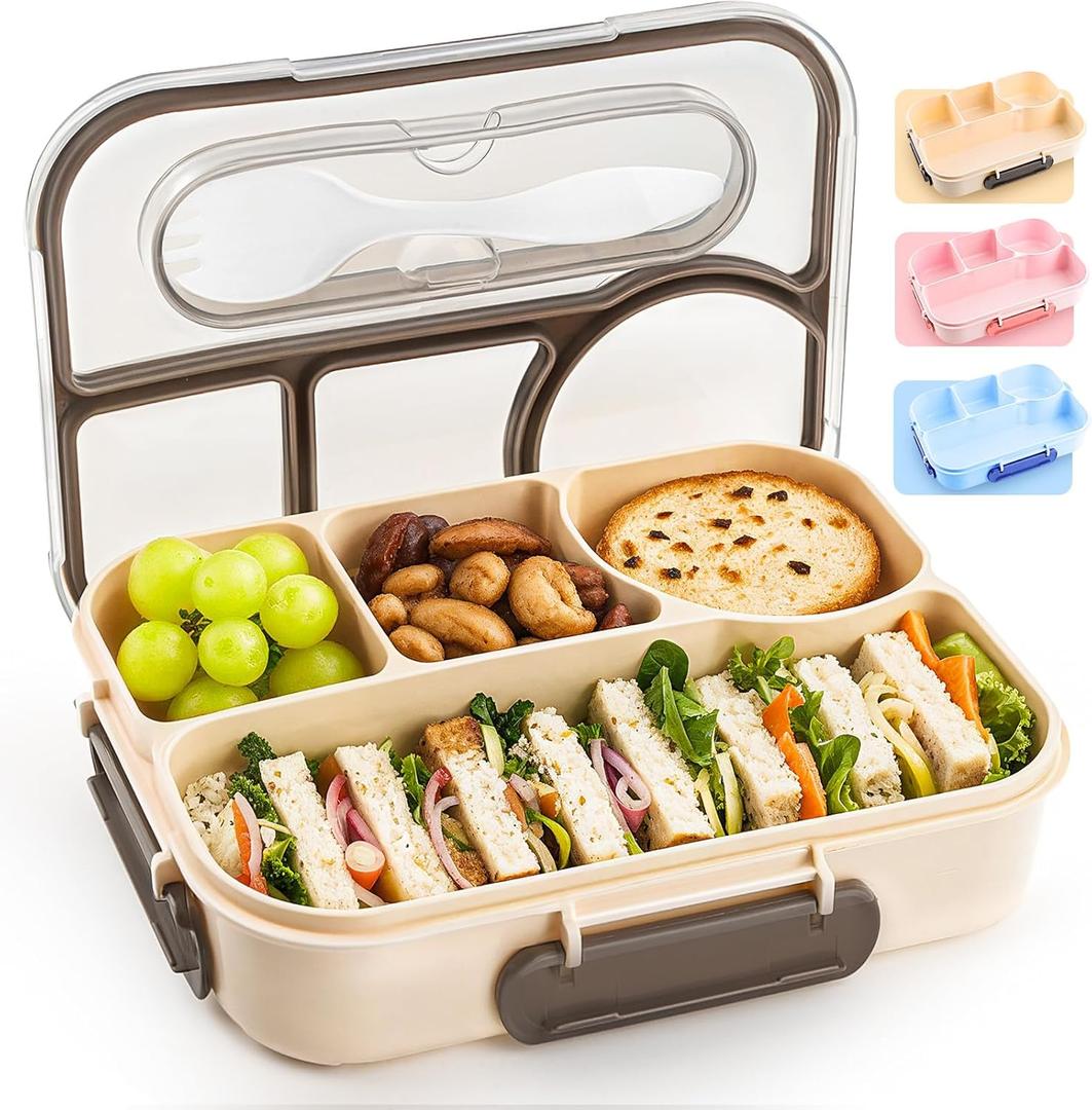 EASYFUN Bento Box Adult, Lunch Box, 4-Compartment Lunch Containers, Drop-Proof, Dishwasher Safe & Made with BPA-Free Materials(Khaki)