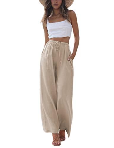 Faleave Women's Cotton Linen Summer Palazzo Pants Flowy Wide Leg Beach Trousers with Pockets (Khaki-S)