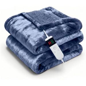 Electric Heated Blanket Queen 84''x90''Size Faux Fur Heating Blanket 10 Heating Settings, 1-8h Timer & Overheat Protection, Machine Washable, Soft Flannel and Sherpa Full Body Warmth (Navy)